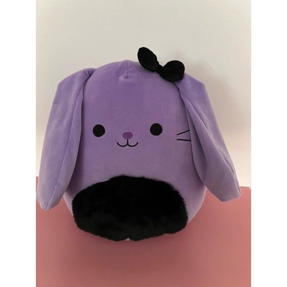 12-inch Squishmallows Frannie the Purple Easter Bunny plush with a black fuzzy b